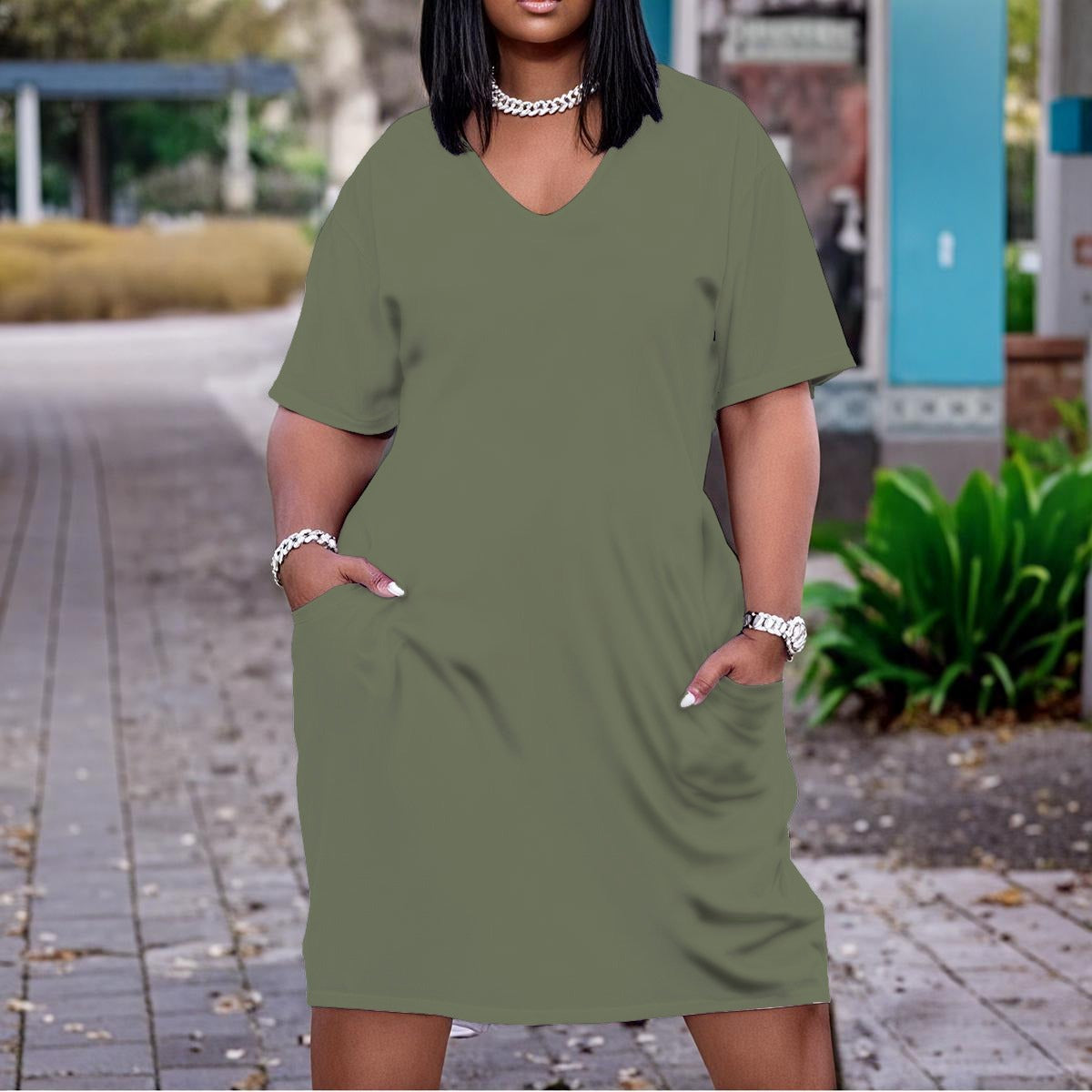 Vestido Curto Plus Size  Verde Oliva