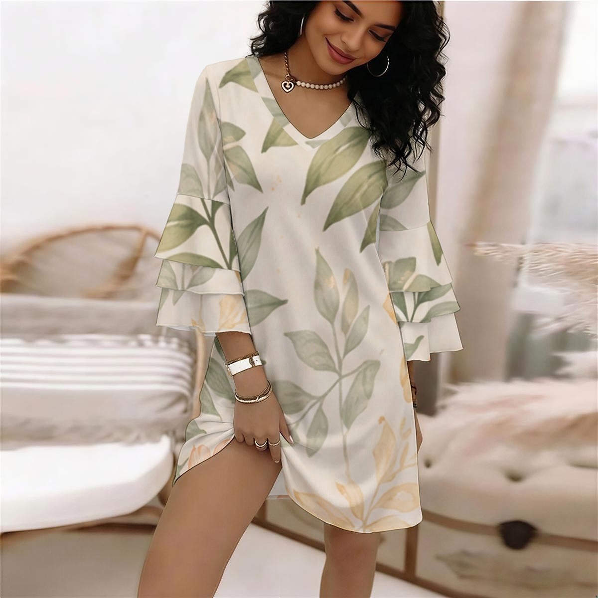 Vestido Curto  Boho com Decote em V e Mangas Raglan