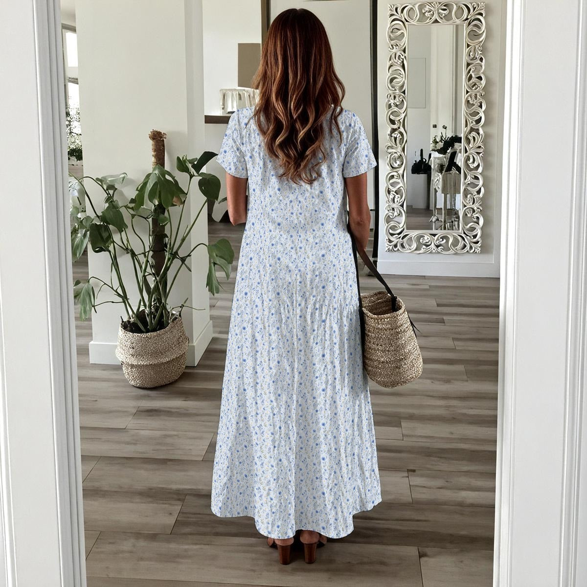 Vestido Casual Longo e Fluído Manga Curta e Racha