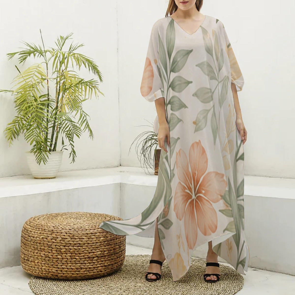 Kaftan de Praia, Elegância Estampada com Decote em V