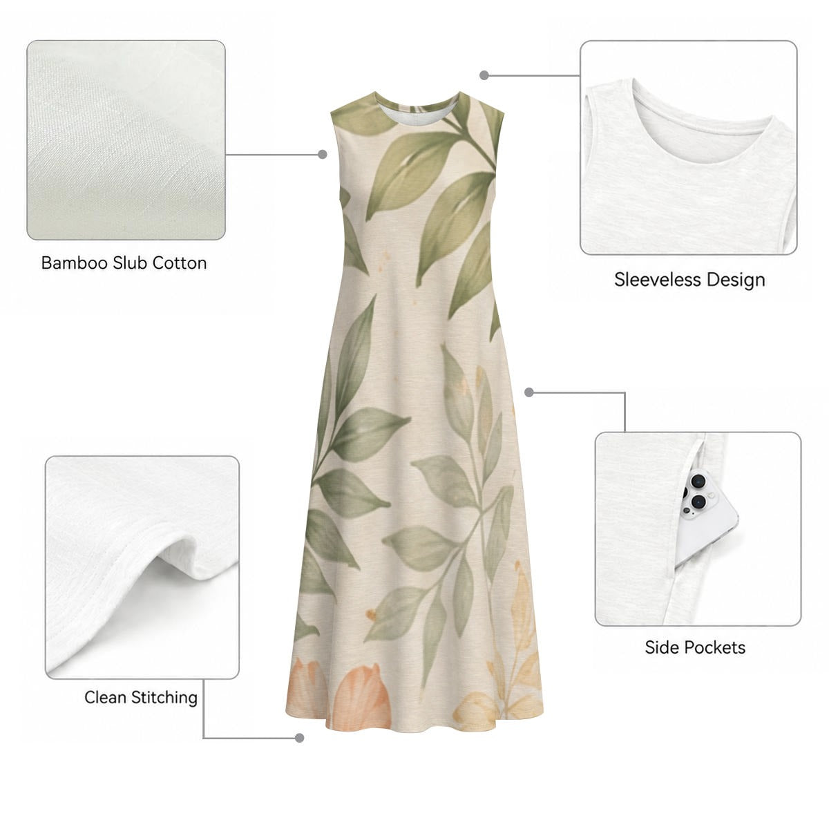Vestido Longo de Algodão Texturizado Sem Mangas