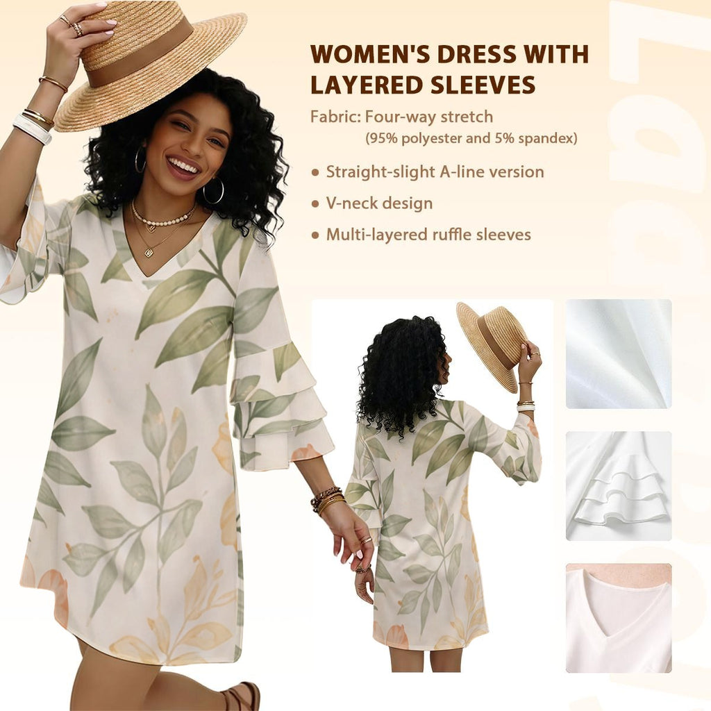 Vestido Curto  Boho com Decote em V e Mangas Raglan